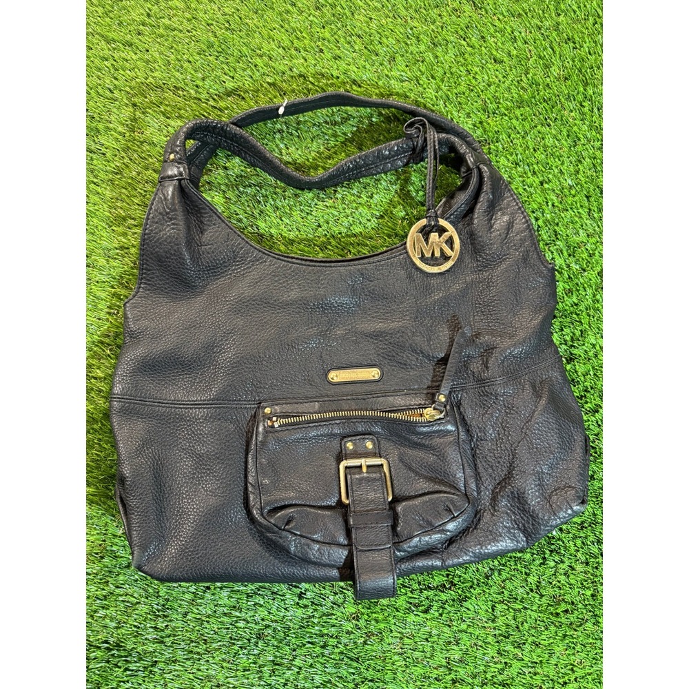 Vintage Michael Kors Black Leather Hobo Shoulder Bag‎ Gold Hardware MK Logo